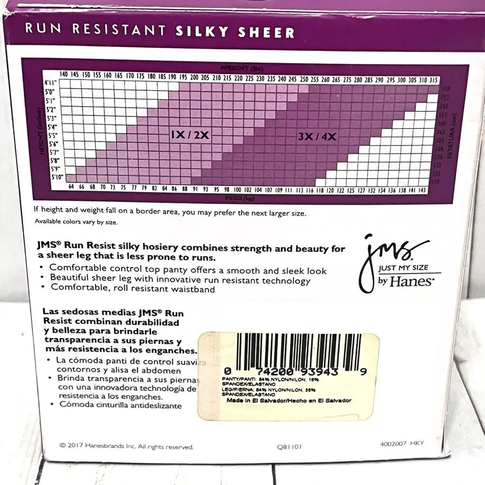 Just My Size Hanes Silky Sheer Run Resistant Control Top Pantyhose 1X/2X (2) Blk
